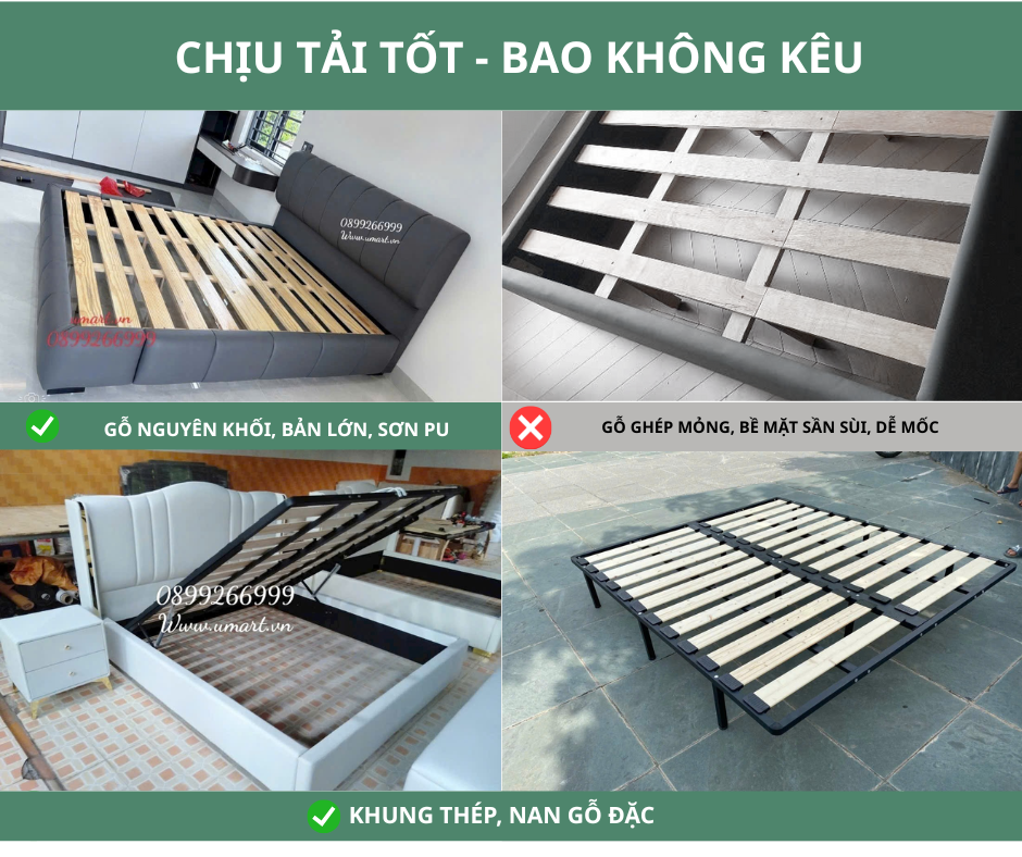 Giát giường phải làm từ gỗ đặc nguyên khối mới bảo đảm được tải trọng, gỗ ghép hay ép sẽ ọp ẹp sau thời gian ngắn