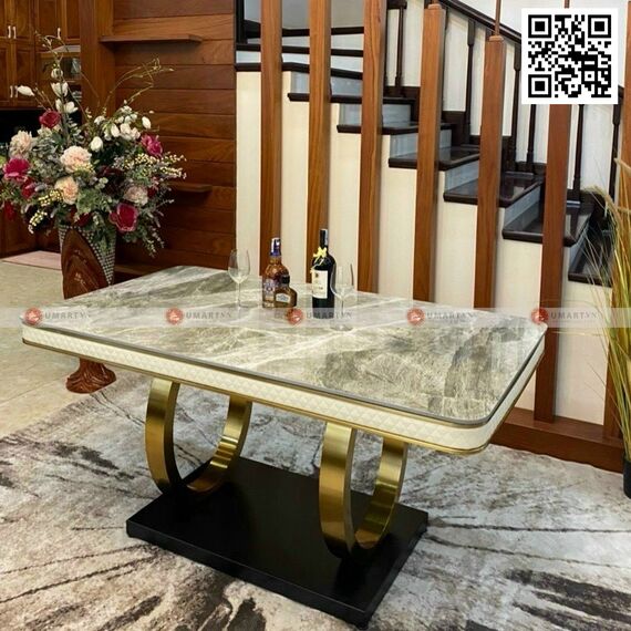Bộ bàn ăn chân mạ vàng viền bọc da