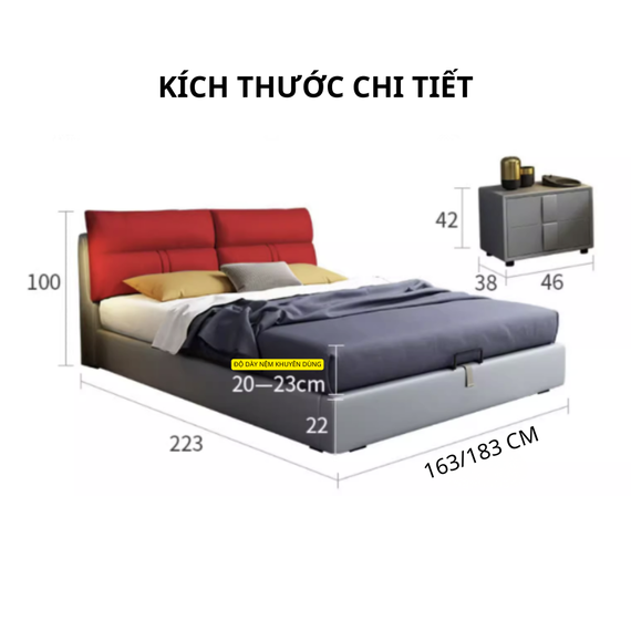 kích thước giường chi tiết, đẹp nhất khi sử dụng nệm dày từ 20 đến 23 cm